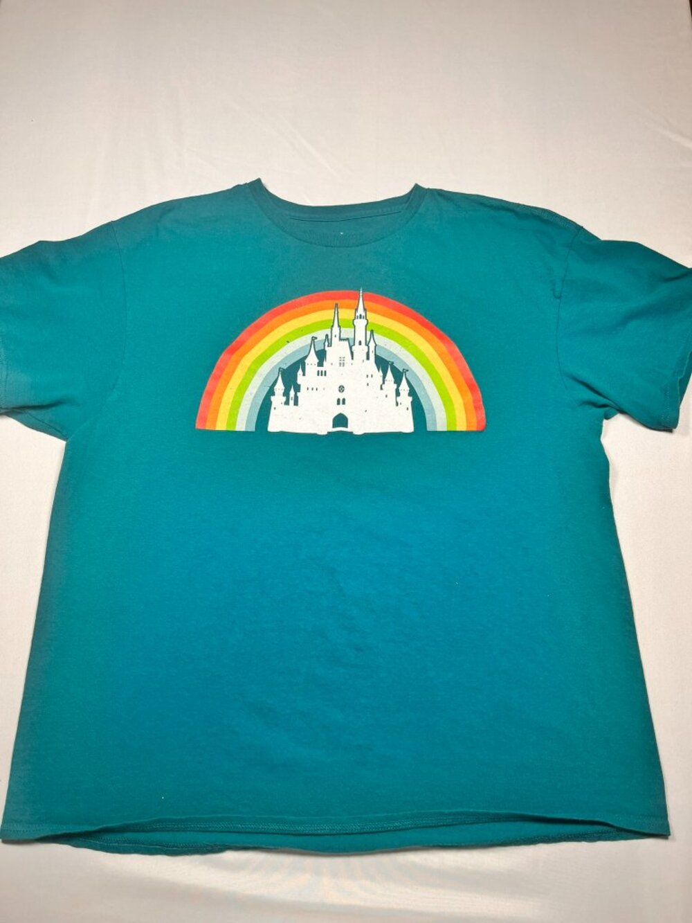 Disney Rainbow Castle Graphic T Shirt XL Teal Turquoise Pride Park Vacation Tee